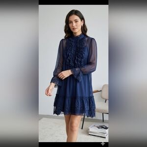 Elie Tahari Navy Ruffled Lace-Trim Long Sleeve Dress